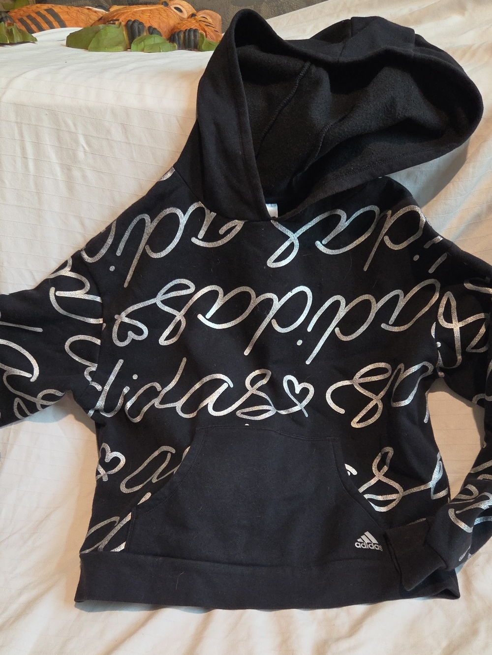 adidas Black Hoodie with Silver Script Print Loose Fit Sz 14